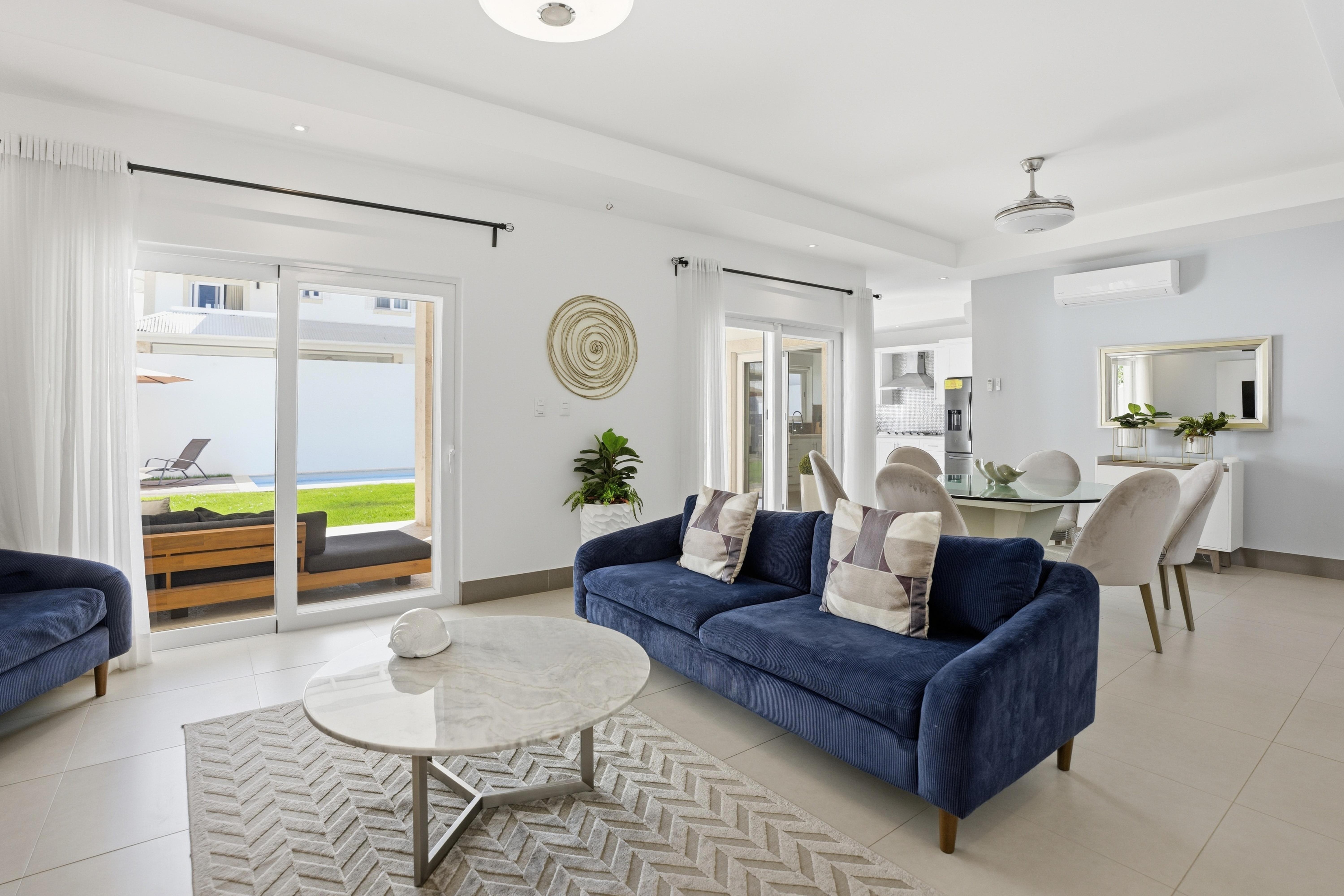 Villa workspace overlooking the pool and Caribbean Sea — remote work paradise